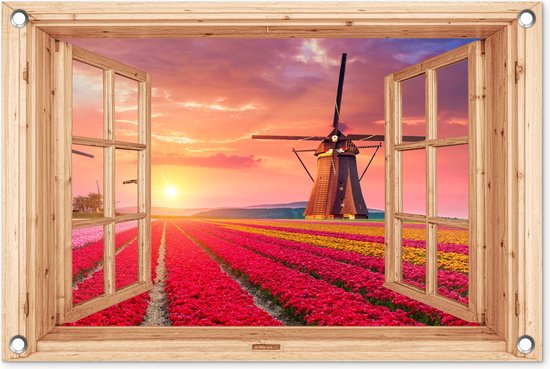 Tuinposter doorkijk bloemen - Lichtbruin raam - Tuindecoratie tulpen - 60x40 cm - Poster voor in de tuin - Buiten decoratie Holland - Schutting tuinschilderij roze - Tuindoek muurdecoratie windmolen - Wanddecoratie balkondoek