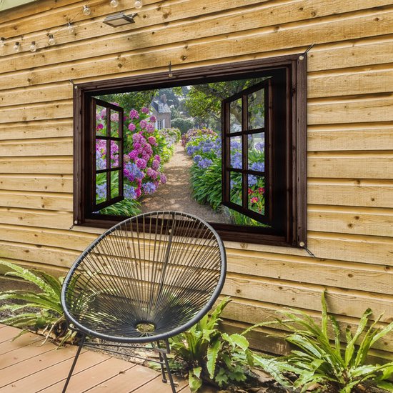 Tuinposter doorkijk bloemen - Donkerbruin raam - Tuindecoratie hortensia - 120x80 cm - Tuinschilderij voor buiten paars - Tuindoek - Wanddecoratie tuin - Schuttingdoek - Balkon decoratie - Muurdecoratie - Buitencanvas tuinversiering