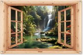 Tuinposter 90x60 cm - Tuindecoratie Waterval - Doorkijk - Jungle - Landschap - Natuur - Lichtbruin raam - Poster voor in de tuin - Buiten decoratie - Schutting tuinschilderij - Tuindoek muurdecoratie - Wanddecoratie balkondoek