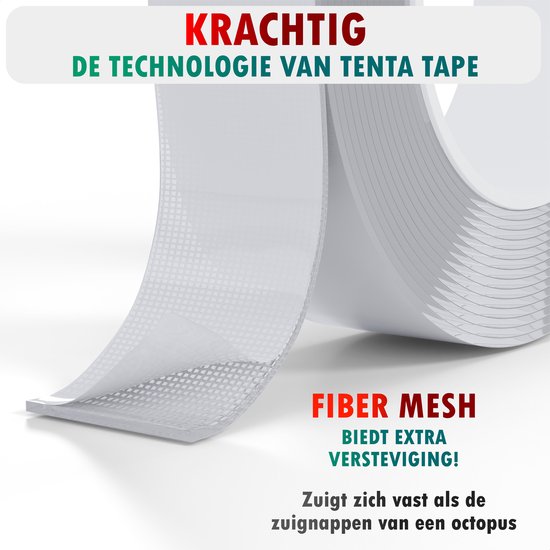 Krachtig: technologie van tentatape, fiber mesh voor extra versteviging. Zuigt zich vast als zuignappen.