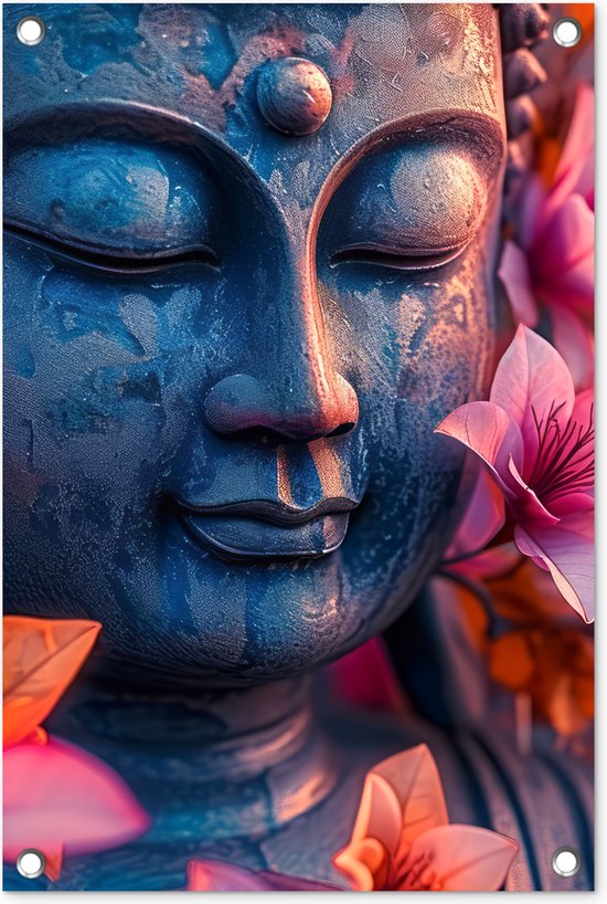 Tuindecoratie Boeddha - Portret - Bloemen - Buddha - Beeld - 40x60 cm - Tuinposter - Tuindoek - Buitenposter