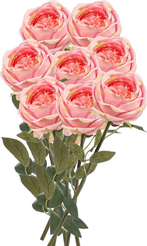 Emerald Kunstbloemen boeket roos Joelle - 8x - roze - 65 cm - decoratie bloemen