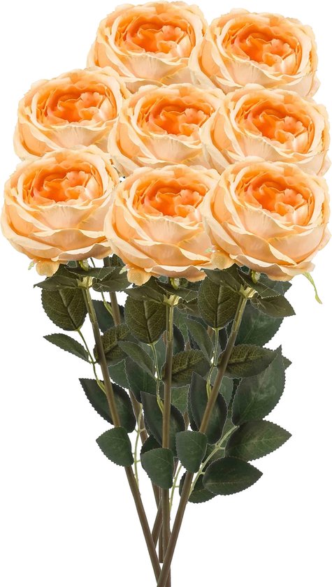 Emerald Kunstbloemen boeket roos Joelle - 8x - pastel oranje - 65 cm - decoratie bloemen