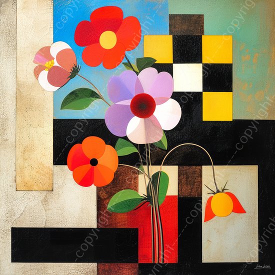 JJ-Art (Canvas) 100x100 | Bloemen, Mondriaan stijl achtergrond, kubisme, abstract, kleurrijk, kunst | Bloem, plant, blauw, rood, bruin, groen, modern, vierkant | Foto-Schilderij canvas print (wanddecoratie)