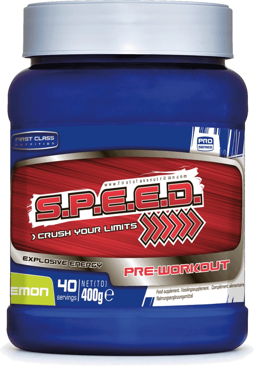 S.P.E.E.D. pre workout booster (Lemon - 400 gram) - First Class Nutrition - Vegan - Arginine - Beta-Alanine - Creatine - Citrulline - Taurine - 40 servings