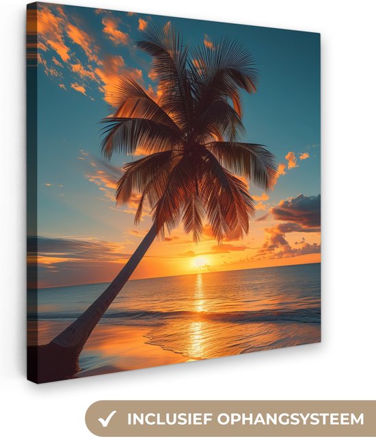 Canvas Schilderij 20x20 cm - Zonsondergang - Palmboom - Zee - Horizon - Strand - Muurdecoratie woonkamer - Woondecoratie - Kamer accessoires - Natuur schilderijen