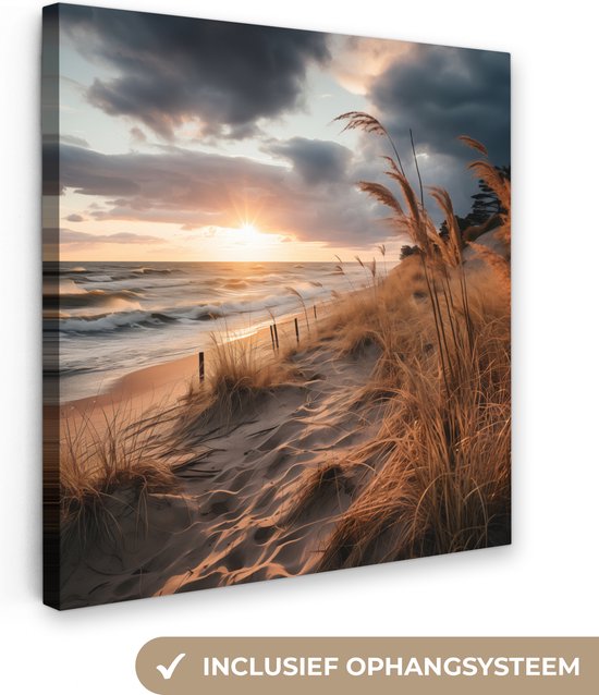 Canvas Schilderij 50x50 cm - Strand - Duinen - Zee - Zand - Helmgras - Wanddecoratie woonkamer - Muurdecoratie keuken - Kamer accessoires - Woondecoratie huis