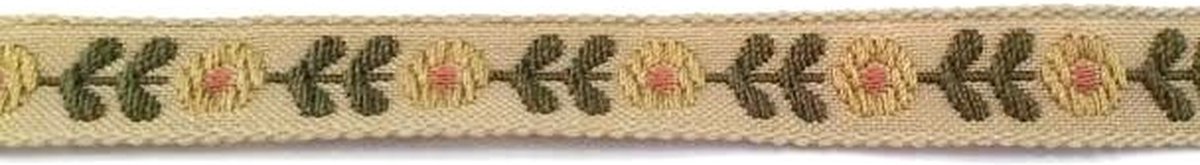 19meter - SIERBAND GEWEVEN BLOEM 1,2cm breed - CREME/GROEN - versieren - knutselen - knutselwerk - naaien - lint - stof - applicatie - afwerkband - home deco