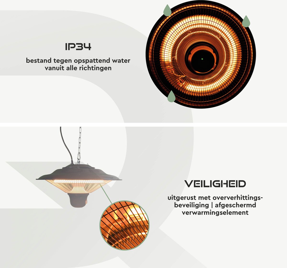 BRASQ Elektrische Terrasverwarmer Hangend PHC100 - Infrarood Heater 1500W - met Afstandsbediening - 3 warmtestanden - Voor binnen en buiten - Spatwaterdicht - Zwart – foto 4