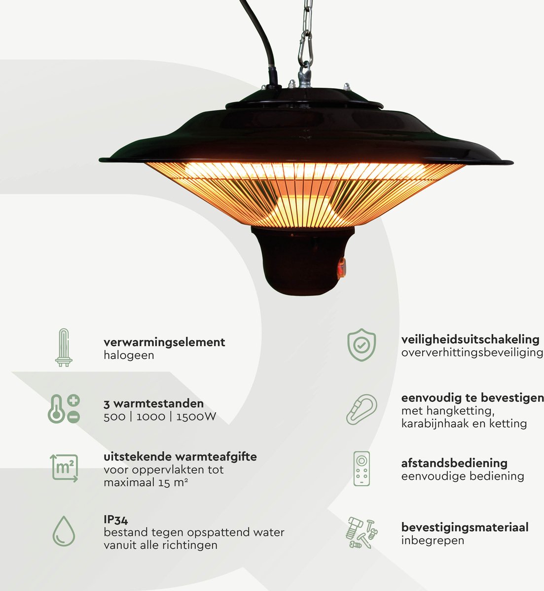 BRASQ Elektrische Terrasverwarmer Hangend PHC100 - Infrarood Heater 1500W - met Afstandsbediening - 3 warmtestanden - Voor binnen en buiten - Spatwaterdicht - Zwart – foto 2