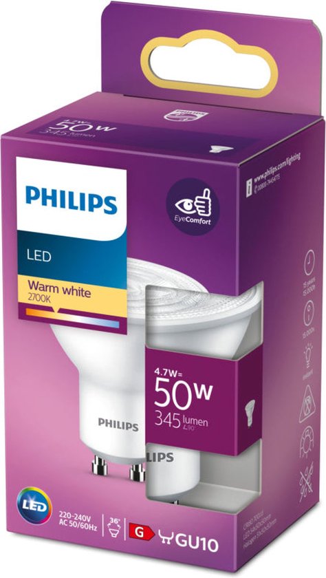 Philips lichtbron 4,7 W, 50 W, GU10, 345 lm, Warm wit