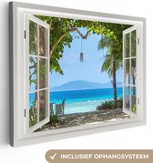 Doorkijk schilderij - Strand - Zee - Berg - Palmboom - Tropisch - Eiland - Canvas doorkijk - Schilderij doorkijk - Wanddecoratie - 120x90 cm