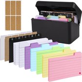 Index doos zwart, 15 x 9,5 x 8,5 cm leerkaartenbox incl. 230 indexkaarten, kleurrijk, gelinieerd, 15 tabbladen, 6 ringen, 6 stickers, indexkaarten, box voor onderweg, leren, notities