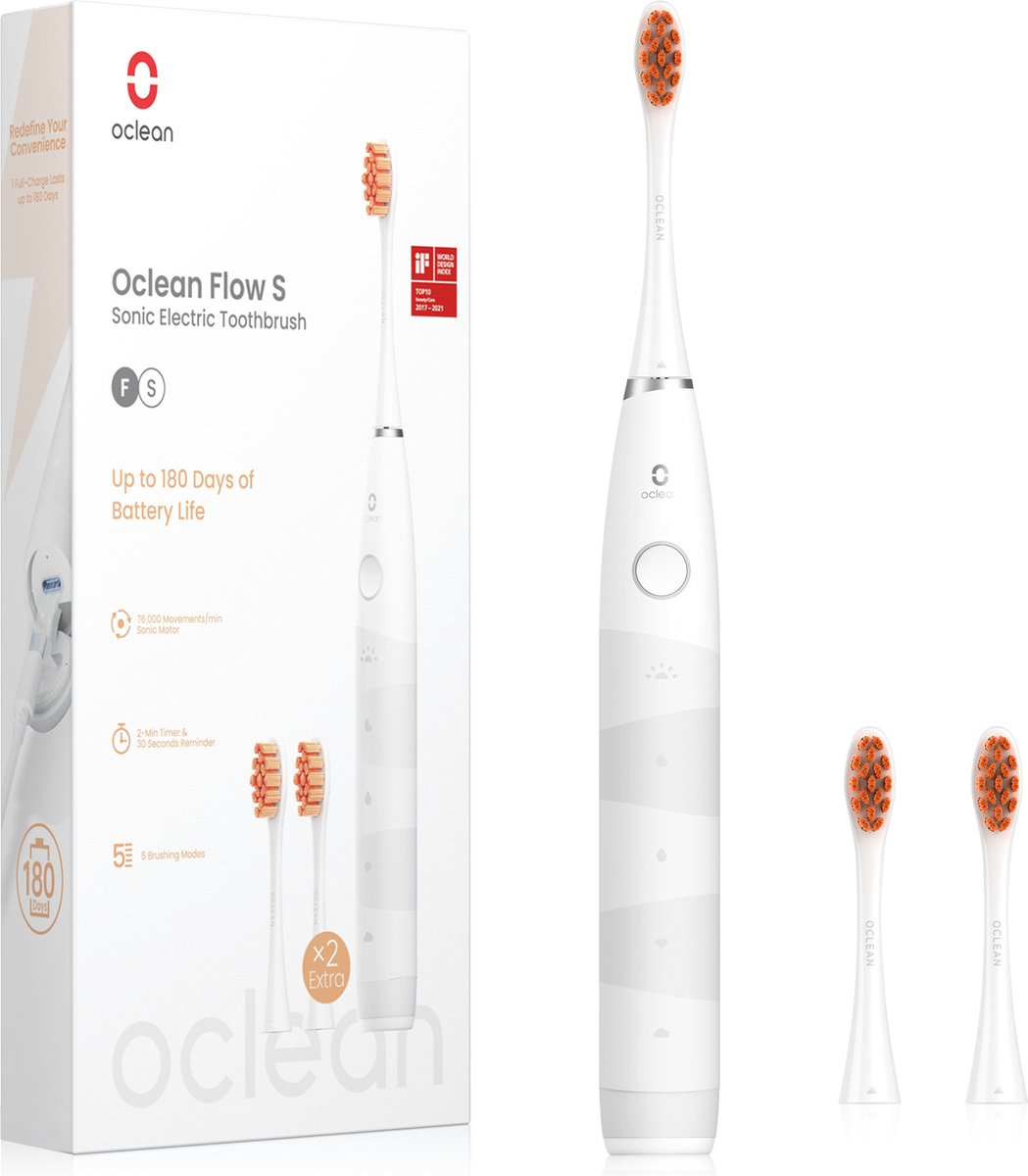 Oclean Flow Set - Elektrische Tandenborstel - 5 Verschillende Poetsstanden - Timer - Lange levensduur van batterij - 3 Opzetborstels- Wit - C01000389