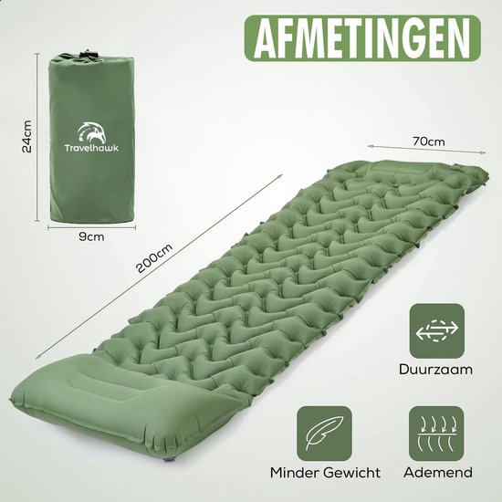 Travelhawk Luchtbed - Slaapmat - Campingbedje - Slaapmatten - Luchtbed met Ingebouwde Pomp - Luchtbed 1 persoons - Slaapmatje 1 Persoons - Kliksysteem - Groen