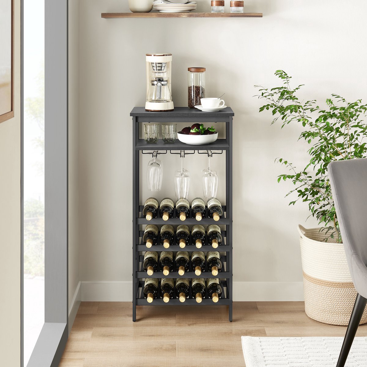 VinoDiMontagna Wijnrek - Wijnkast - Metaal - Hout - Flessenrek voor 20 flessen met Glashouder - 50 x 32 x 100 cm (L x B x H) - Zwart – foto 4