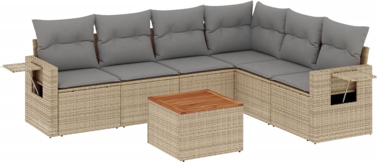 vidaXL 7-delige - Loungeset - met - kussens - poly - rattan - beige