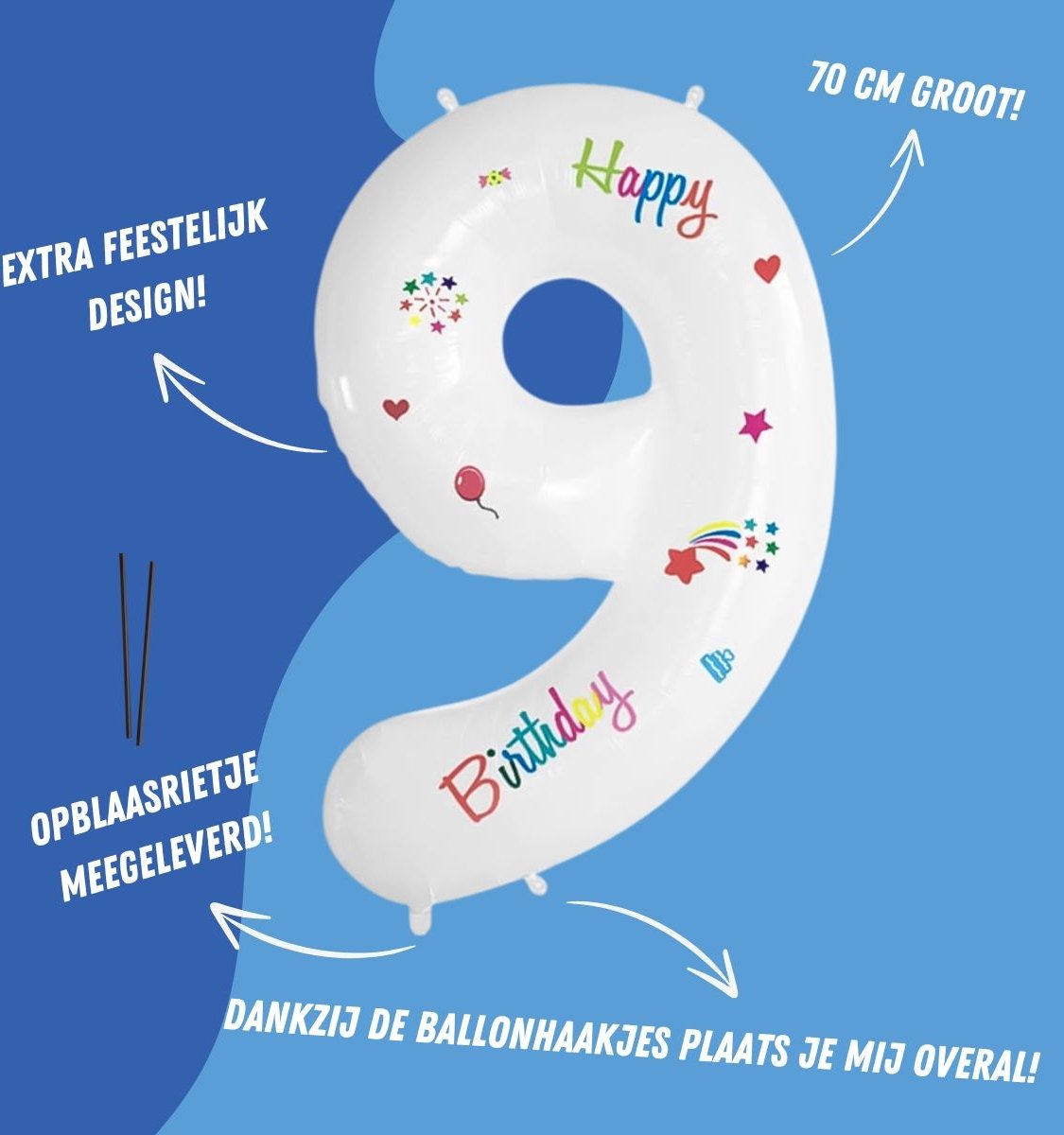 Folieballon Cijfer 9 Jaar Verjaardag Versiering Cijferballon Happy Birthday Decoratie Helium Ballonnen Folie Wit - Xl — afbeelding 2