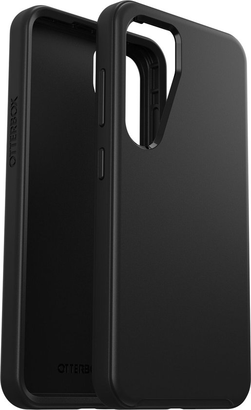 Coque OtterBox Symmetry noire, vue par l'arrière, avec les logos OtterBox sur le côté et à l'intérieur.