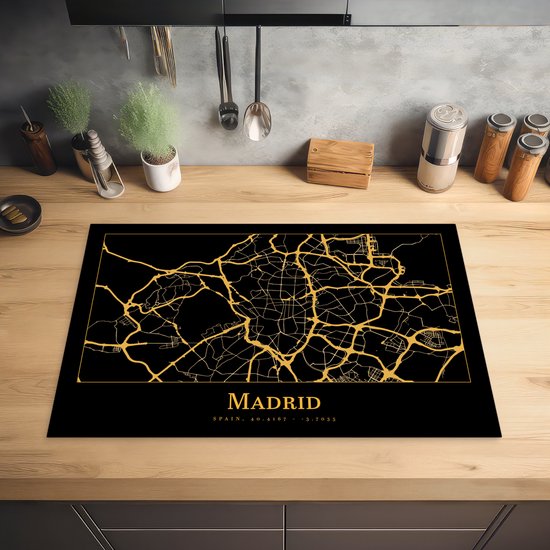 KitchenYeah® Inductie beschermer 78x52 cm - Kaart - Madrid - Goud - Zwart - Kookplaataccessoires - Afdekplaat voor kookplaat - Inductiebeschermer - Inductiemat - Inductieplaat mat