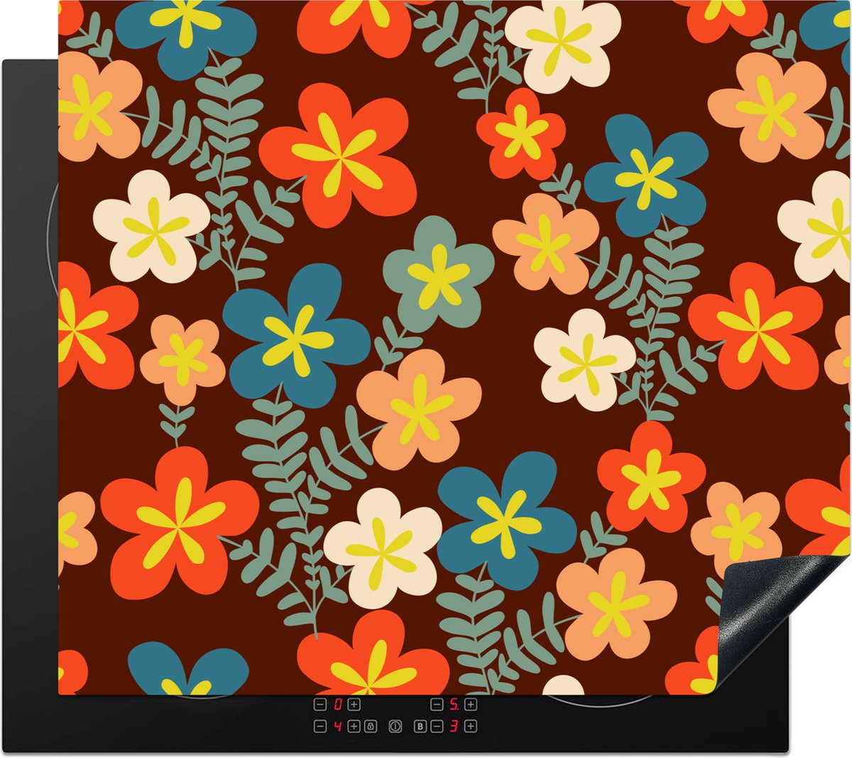 KitchenYeah® Inductie beschermer 58.3x51.3 cm - Retro - Patronen - Bloemen - Jaren 70 - Kookplaataccessoires - Afdekplaat voor kookplaat - Inductiebeschermer - Inductiemat - Inductieplaat mat - Keuken decoratie
