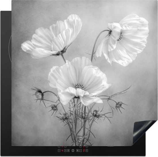 KitchenYeah® Inductie beschermer 78x78 cm - Stilleven - Bloemen - Zwart wit - Klaproos - Botanisch - Kookplaataccessoires - Afdekplaat voor kookplaat - Inductiebeschermer - Inductiemat - Inductieplaat mat