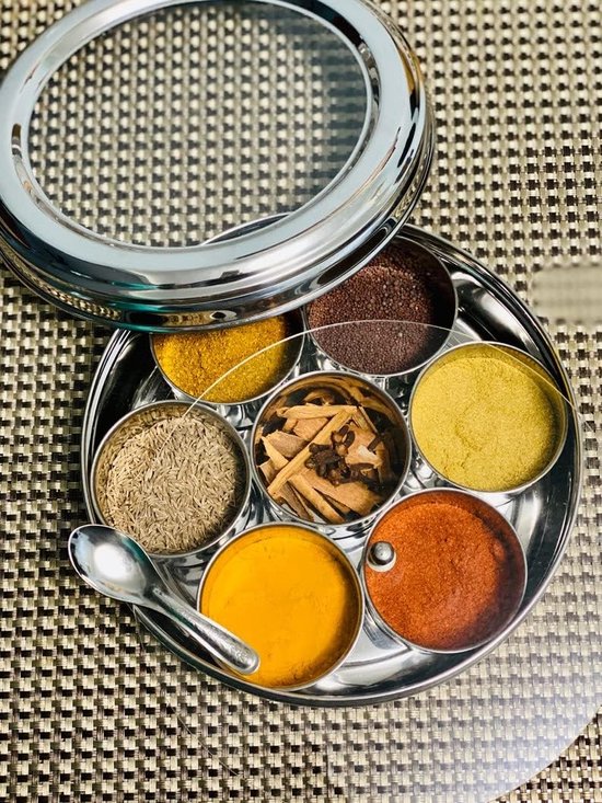 KSJONE Doppeldeckel-Gewürzbehälter Masala Dabba Mit 7 Fächern Und 7 L Ffeln Masala Box Gew Rzbeh Lter Box Edelstahl Gew Rzdose Indisch Mit Doppeldeckel 18 Cm