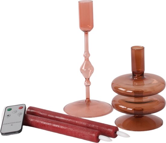 WinQ! – Vrolijke ronde Glazen Kaarsenhouders - inclusief led kaarsen - in de kleur Pink en roze - Kaarsenstandaard glas 9,5x15cm en 10x22cm - Decoratie woonkamer