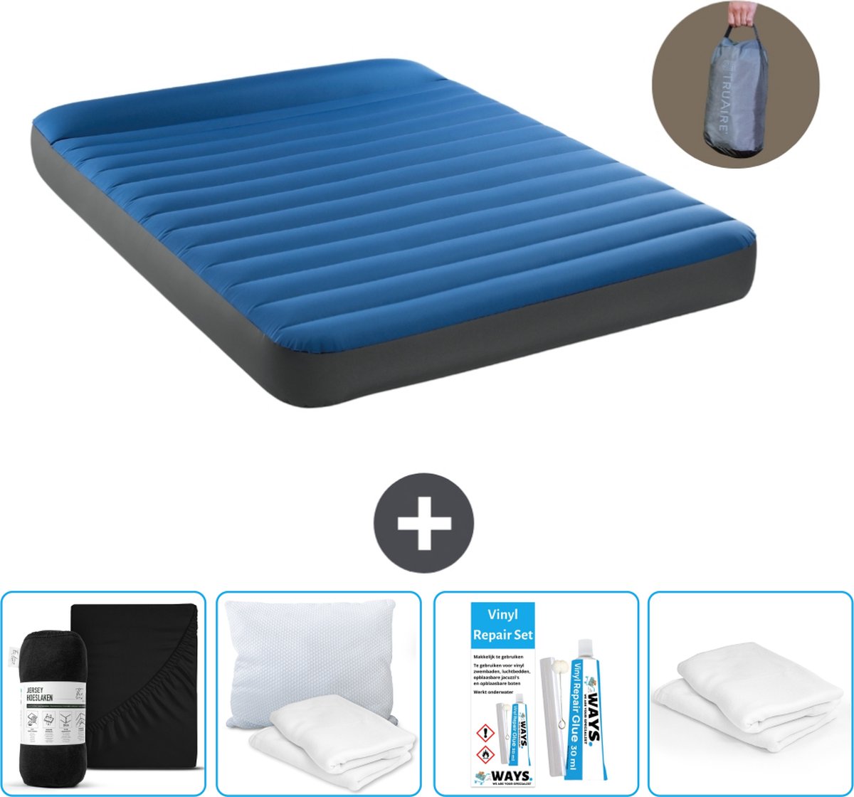 Intex Luchtbed - 2-Persoons - 152 x 203 x 22 cm - Blauw - Inclusief pomp - Hoeslaken - Kussen - Reparatieset en Kussenbeschermer