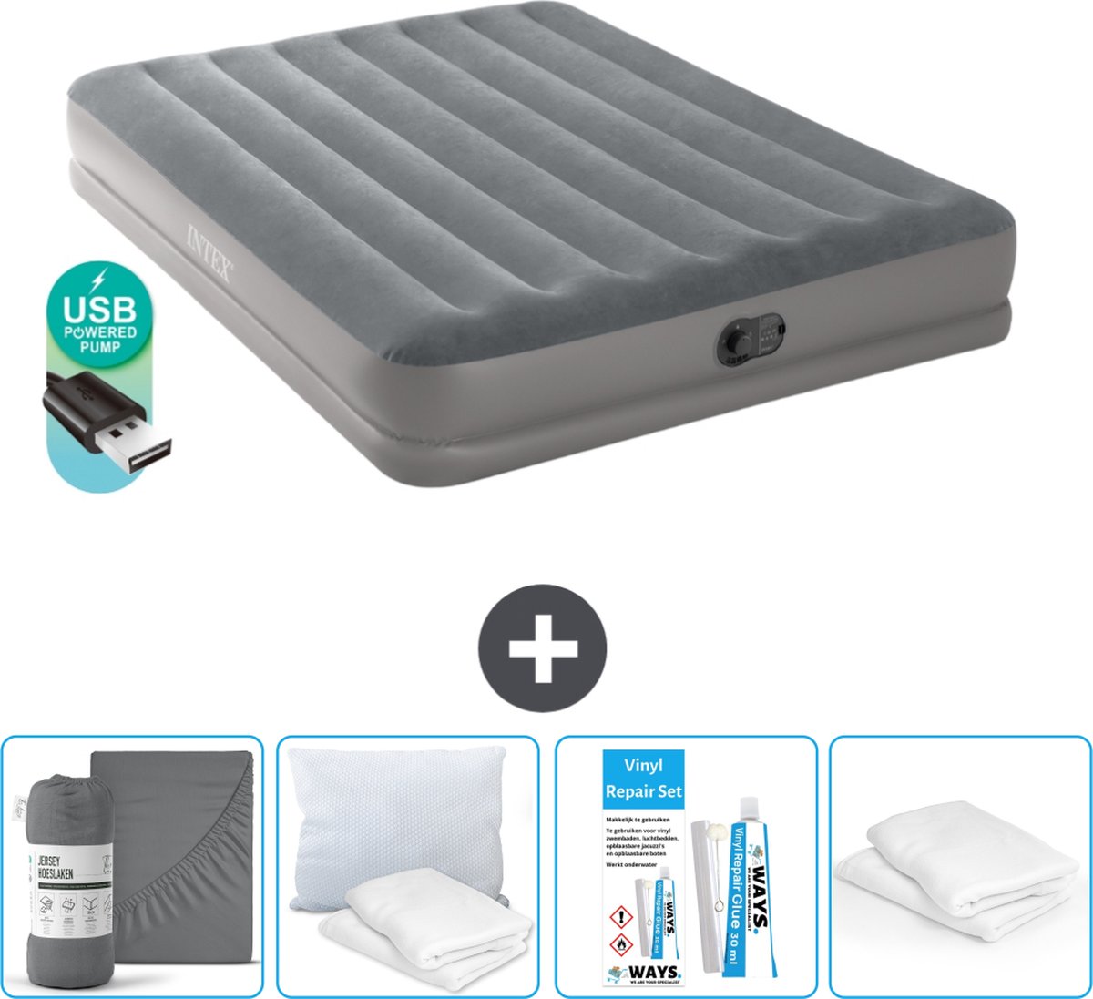 Intex Luchtbed - 2-Persoons - 152 x 203 x 30 cm - Grijs - Inclusief pomp - Accessoires CB19