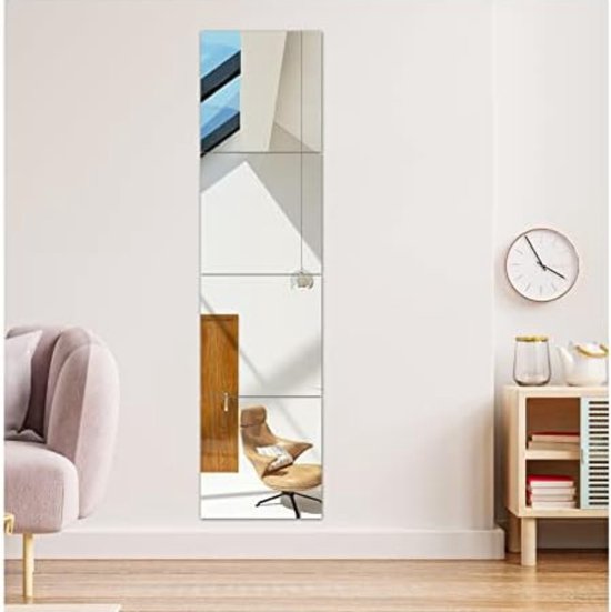 Passpiegel zelfklevend - Passpiegel slaapkamer - Passpiegel deur - ‎30 x 30 x 0,7 cm - Helder - Set van 4 zelfklevende frameloze spiegeltegels