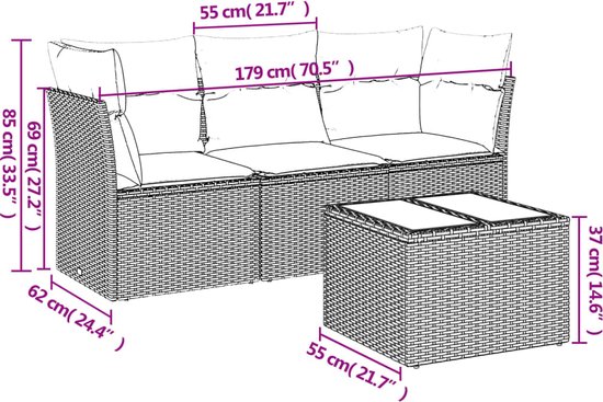 Dimensions de l'ensemble de salon en polyrotin beige avec coussins.