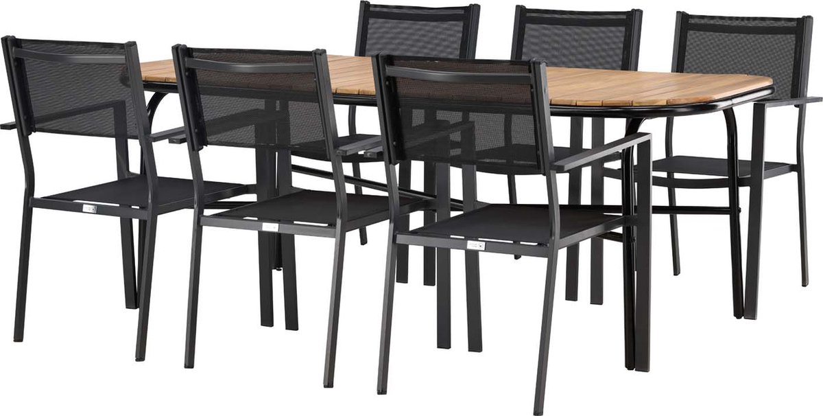 Holmbeck tuinmeubelset tafel 90x200cm naturel, 6 stoelen Copacabana zwart.