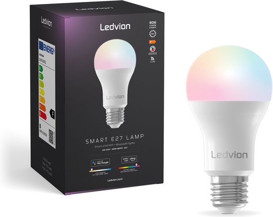 Ledvion Set van 4 Smart RGB+CCT E27 LED Bulb, Wi-Fi Verlichting, Wifi Light Bulb, Dimbaar, 8W, 806 Lumen, Compatibel met onder andere Alexa en Google Home.