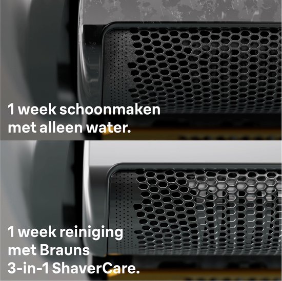 Detail van een scheerkop: bovenste deel 1 week schoongemaakt met water, onderste deel 1 week gereinigd met Braun 3-in-1 ShaverCare.