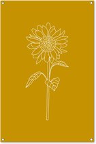 Tuinposter 80x120 cm - Tuindecoratie - Line Art - Zonnebloem - Bloemen - Geel - Zomers - Muurdecoratie voor buiten - Schutting decoratie - Tuin accessoires - Tuindoek - Buitenposter
