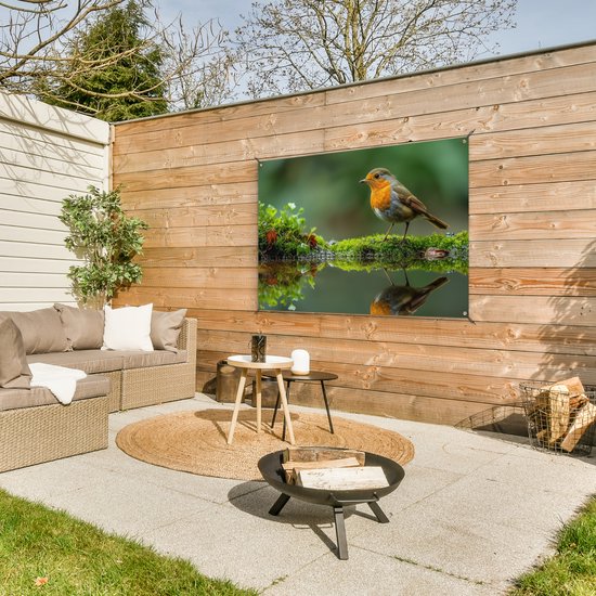 Tuinposter 120x80 cm - Tuindecoratie Roodborstje - Vogels - Natuur - Groen - Vogel - Poster voor in de tuin - Buiten decoratie - Schutting tuinschilderij - Tuindoek muurdecoratie - Wanddecoratie balkondoek