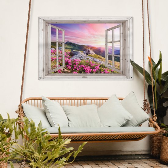 Affiche de jardin - Transparente - Fleurs - Montagnes - Coucher de soleil - Paysage - 120x80 cm - Décoration de clôture - Affiche de jardin transparente
