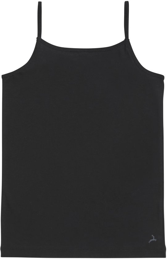 Zwarte basic top met spaghettibandjes en kleine grijze hagedisprint.