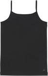 Zwarte basic top met spaghettibandjes en kleine grijze hagedisprint.