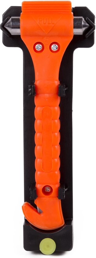 Oranje veiligheidshamer met metalen punten en een haak, bevestigd aan de zwarte houder.