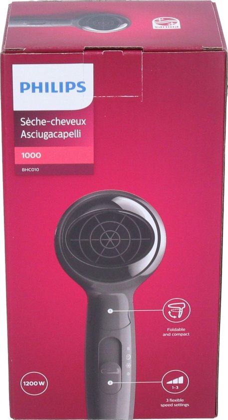 Verpakking van zwarte Philips föhn BHC010 met tekst 'Sèche-cheveux' en iconen voor inklapbaar, 1200W, en 3 snelheidsstanden.