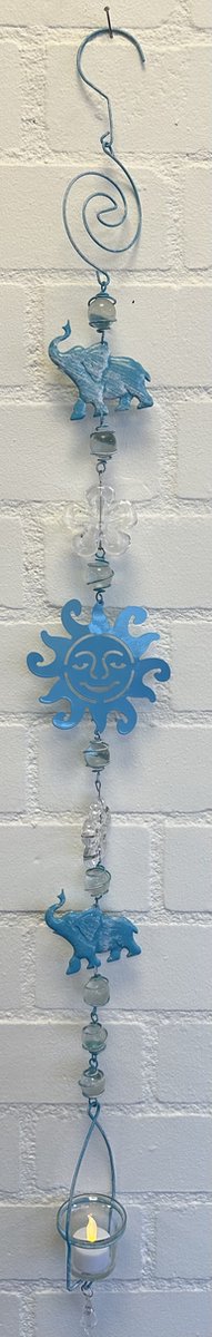 Deco theelichthouder "olifantjes + zon" met metalen ketting - blauwe ketting + glazen bloemen - lengte 110 cm - exclusief theelicht - Woondecoratie - Theelichthouder - Woonaccessoires