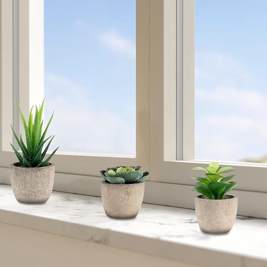 Kunstvetplanten in zwarte keramische pot - mini kunstplanten voor binnen, badkamer, slaapkamer, esthetiek, woonkamer, kantoor, plank decoratie (groen