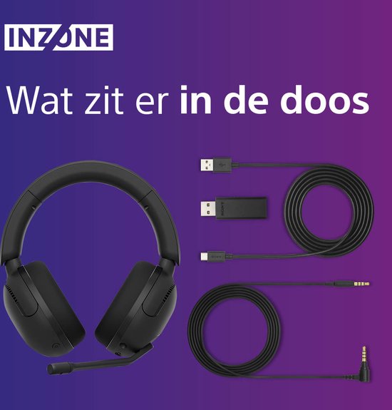 Doosinhoud: zwarte Sony INZONE H5 gaming headset, USB-transceiver, USB-C naar USB-A kabel, audiokabel en 3.5mm naar 3.5mm kabel.