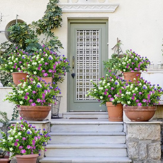 Voordeur met trappen versierd met potten gevuld met kunstplanten, vol paarse, witte en blauwe bloemen.