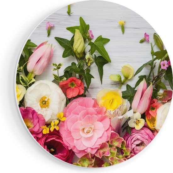 Artaza Houten Muurcirkel - Bloemen Op Een Witte Houten Achtergrond - Wandcirkel - Rond Schilderij