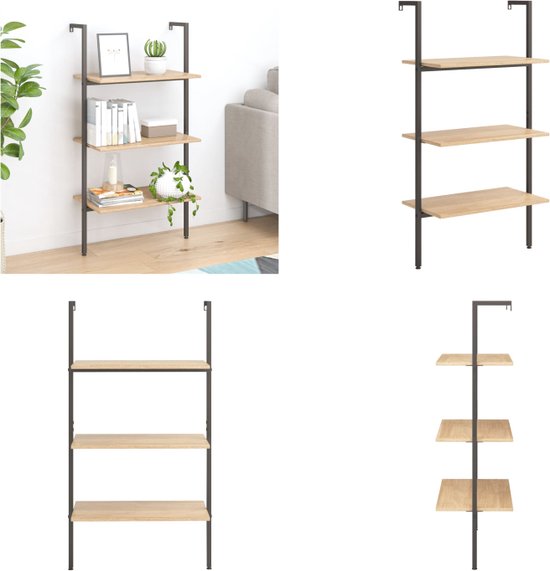 vidaXL Ladderrek met 3 schappen 64x35x120-5 cm lichtbruin en zwart - Ladderrek - Ladderrrekken - Boekenrek - Boekenkast