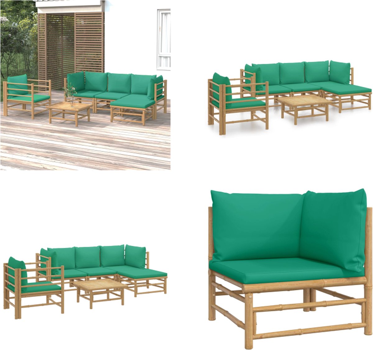 vidaXL 6-delige - Loungeset - met - kussens - bamboe - groen