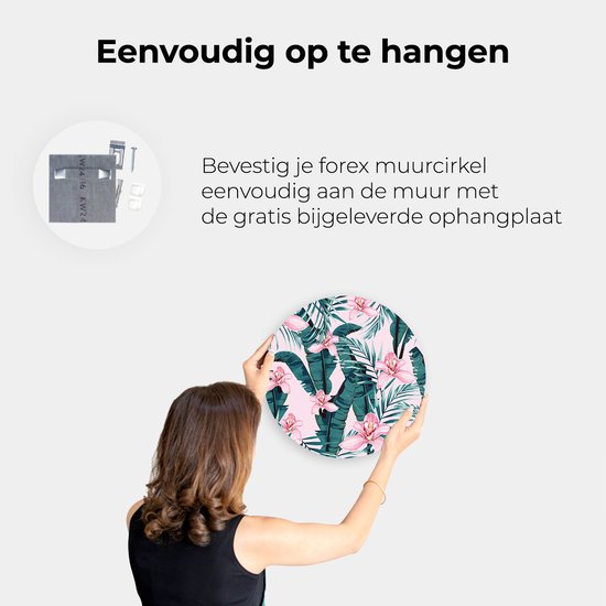 Cercle mural Artaza Forex Fleurs d'été roses tropicales avec feuilles - 90 x 90 cm - Groot - Cercle mural - Peinture ronde - Décoration murale